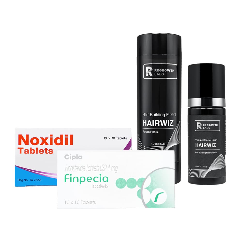 フィンペシア1mg(100錠1箱)+ノキシジル5mg(100錠1箱)+リグロースラボ ヘアウィズ ヘアビルディングファイバー・ナチュラルブラック(50g1本)+ボリュームコントロールスプレー(80mL1本) 【1セット】